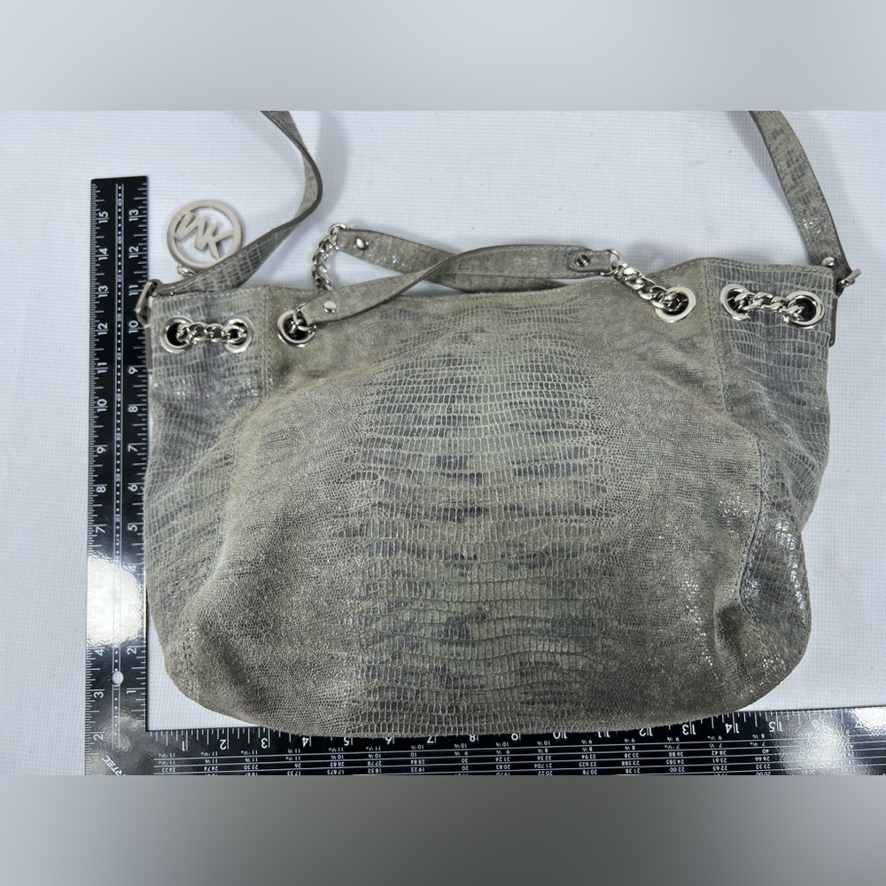 4257: Michael Kors Hamilton Lizard Embossed Leather Shoulder Bag Gray - Picture 13 of 14